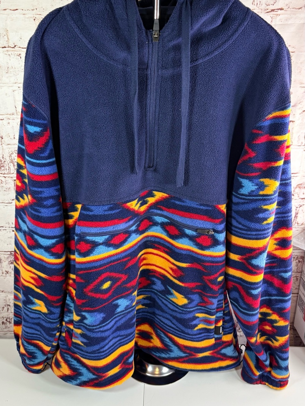 RSQ Navy Fleece Zip-Up with Multi-Color Southwestern Print